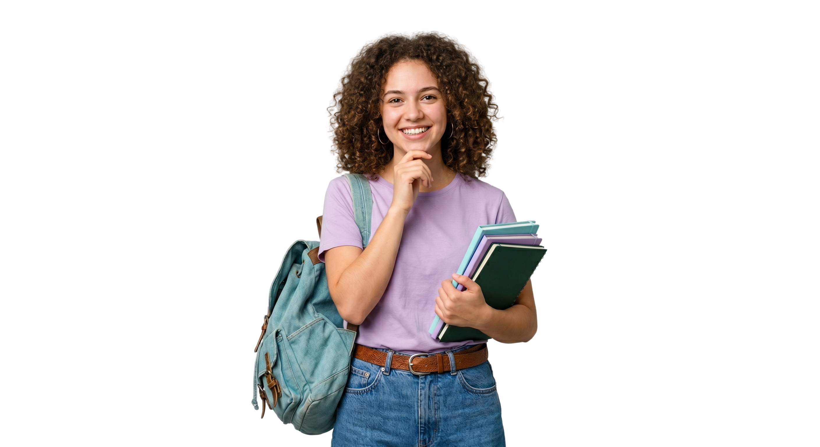 Estudante sorrindo segurando cadernos.
